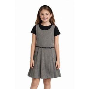 Tahari Girl 10 Gray Tweed Jumper Dress Black Top Belted School Holiday Headband